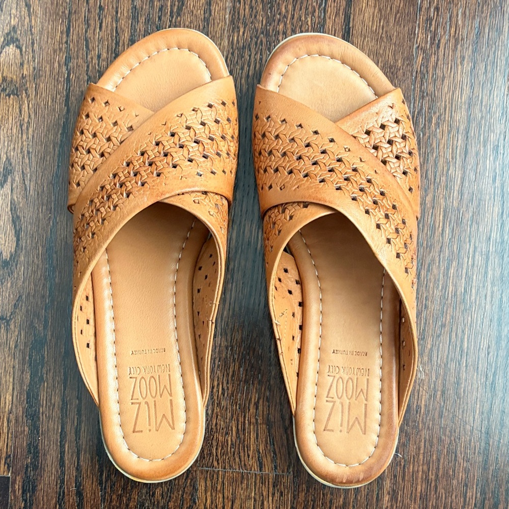 Miz Mooz Jaylene Honey Tan Woven Leather Slide Mules